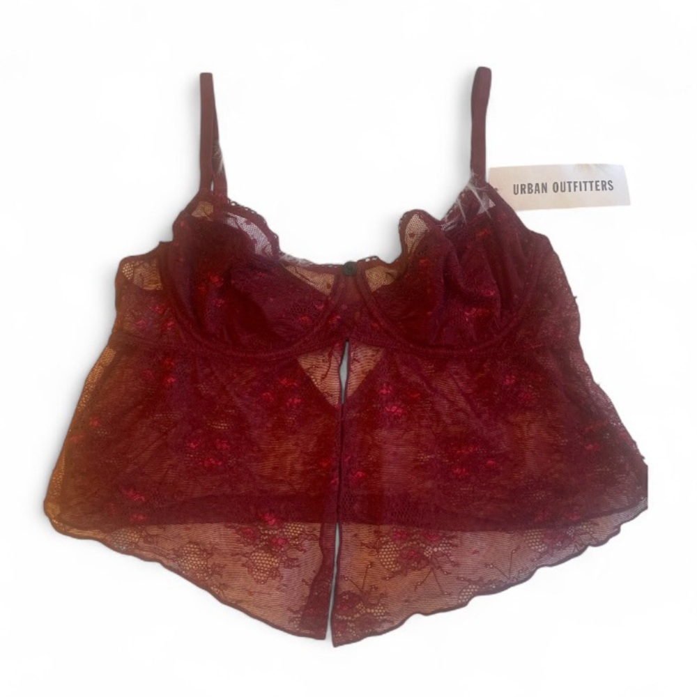 Urban Outfitters Out From Under Dark Red Fly Away Lace Corset Bra Top Size L NWT